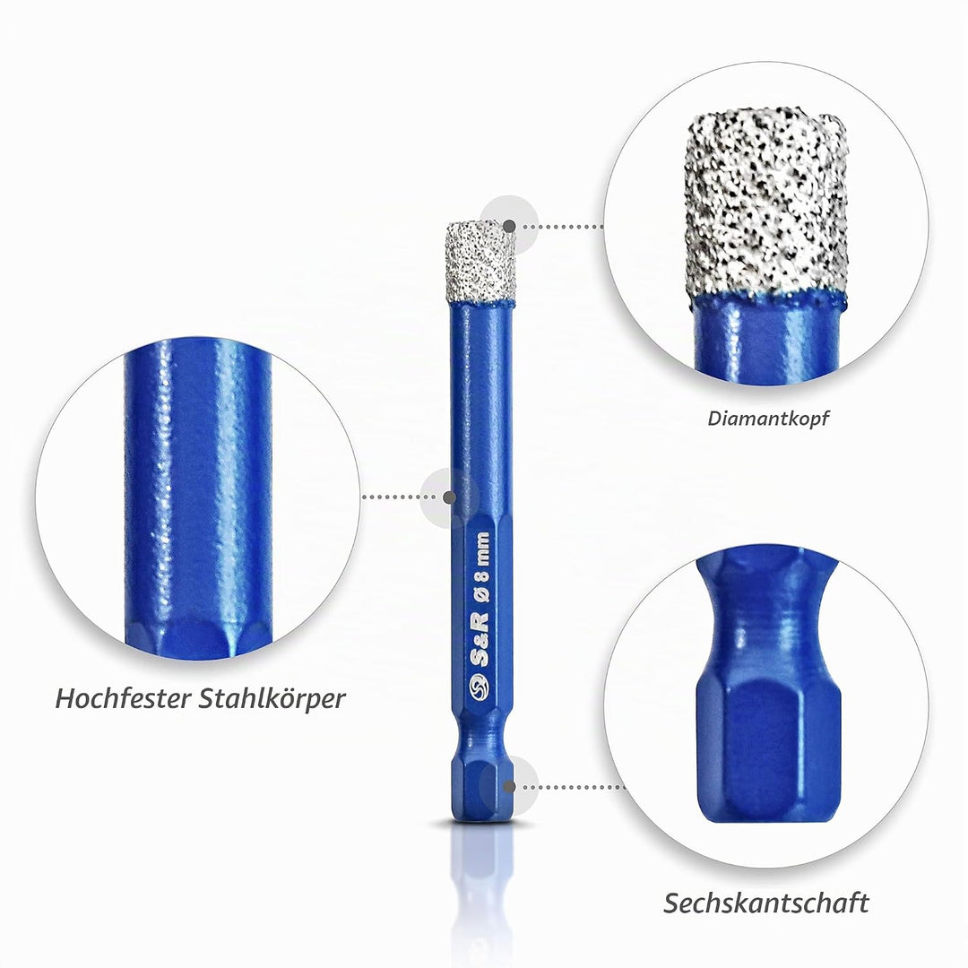 S&R Diamantbohrer, Fliesenbohrer, Glasbohrer Set 4-tlg. 5, 6, 8, 10 mm, Sechskant-Schaft, für Kerami
