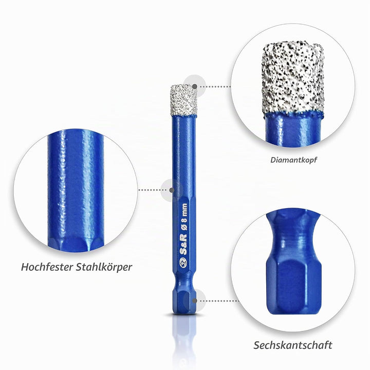 S&R Diamantbohrer, Fliesenbohrer, Glasbohrer Set 4-tlg. 5, 6, 8, 10 mm, Sechskant-Schaft, für Kerami