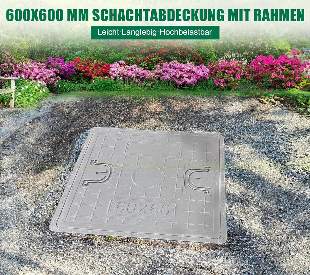 GFK-Schachtabdeckung mit Rahmen 600x600 mm/Deckel: 500x500 mm/Lichte Weite: 440x440 mm Revisionsscha