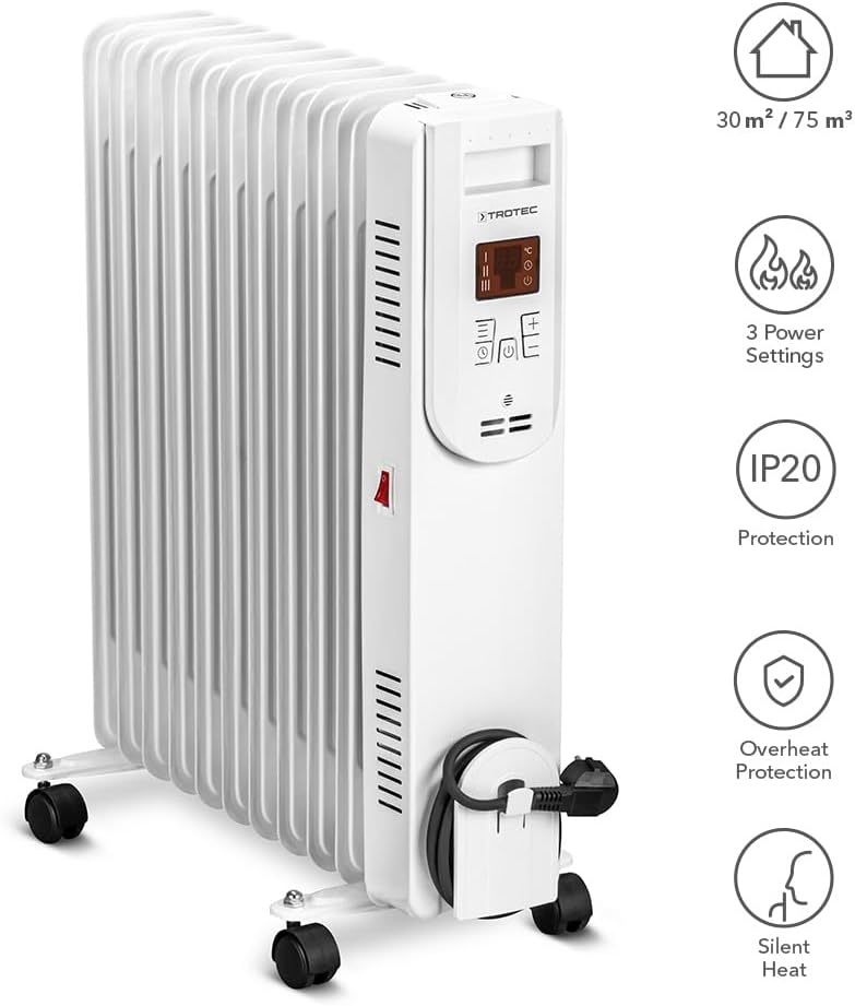 TROTEC Ölradiator TRH 26 E – Heizleistung 1000 W / 1500 W / 2500 W – Heizradiator elektrisch, 11 Rip