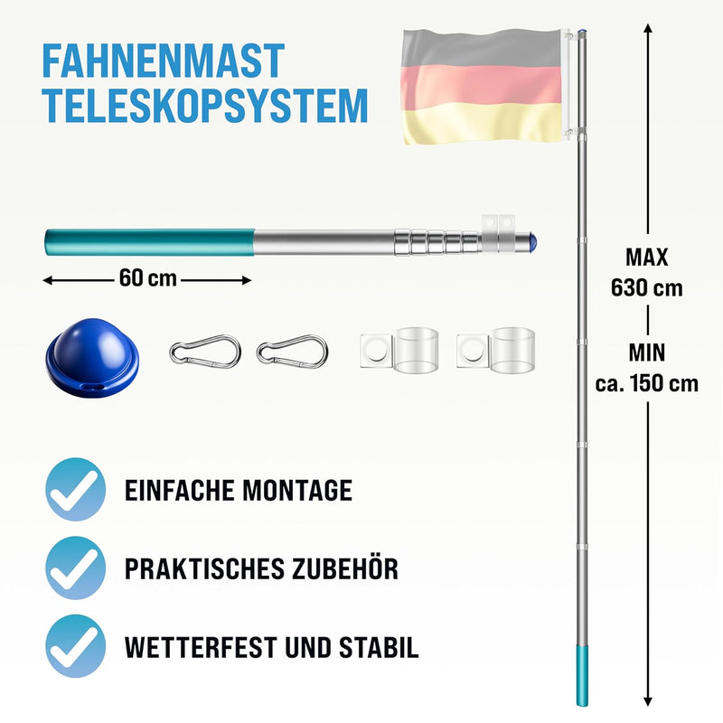 Monzana Aluminium Teleskop Fahnenmast 6,30m Bodenhülse 60cm inkl Deutschlandfahne Flaggenmast Mast F