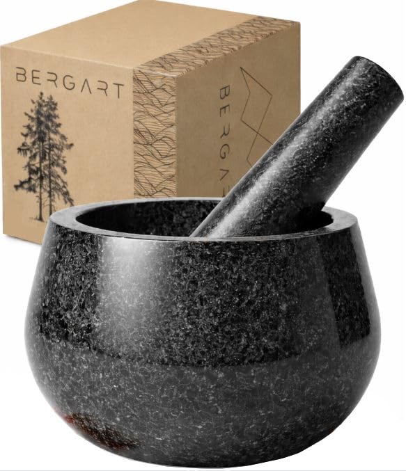 BERGART Mörser mit Stössel – Edler Mörser aus hochwertigem Granit mit extra langem Stössel und stabi