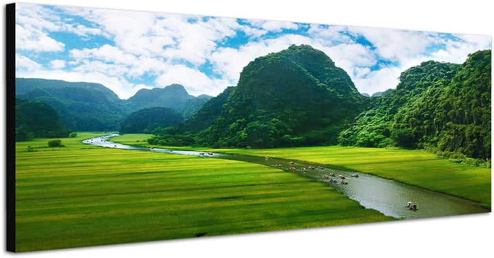 Paul Sinus Art Panoramabild auf Leinwand und Keilrahmen 150x50cm Vietnam Reisfeld Berge Fluss Boote