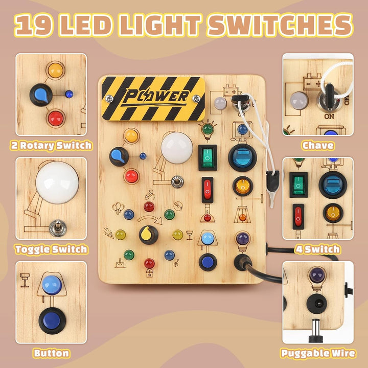 Baby Montessori Busy Board ab 2 Jahr, Motorikspielzeug mit 19 LED, Activity Board Holzspielzeug Lern