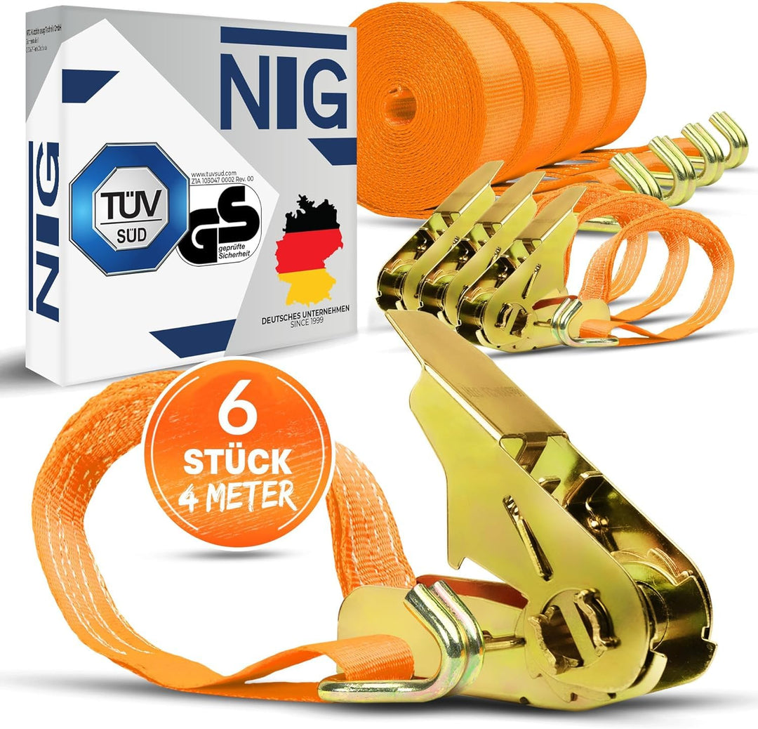 NTG Spanngurte mit Ratsche | 2, 4, 6, 8, 10 oder 20 Stück | 800 kg | 4m | 2 teilig | TÜV/GS geprüft