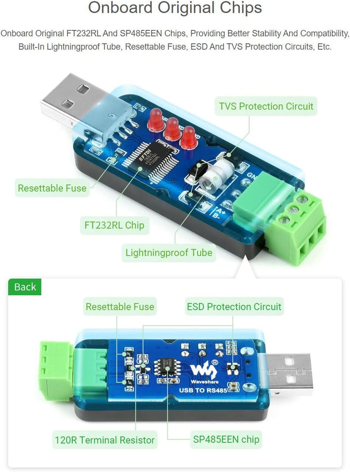 Waveshare Industrial USB to RS485 Converter with Original FT232RNL and SP485EEN Chips Automatic Tran
