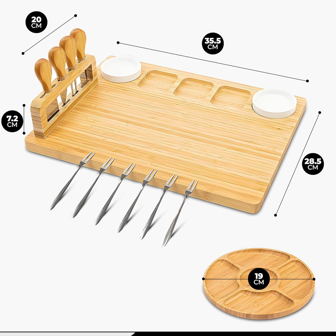 Servierplatte aus Bambus – 35 x 28 cm Käseplatte Set mit 2 Dip-Schälchen, 4 Käsemessern, 6 Gabeln &