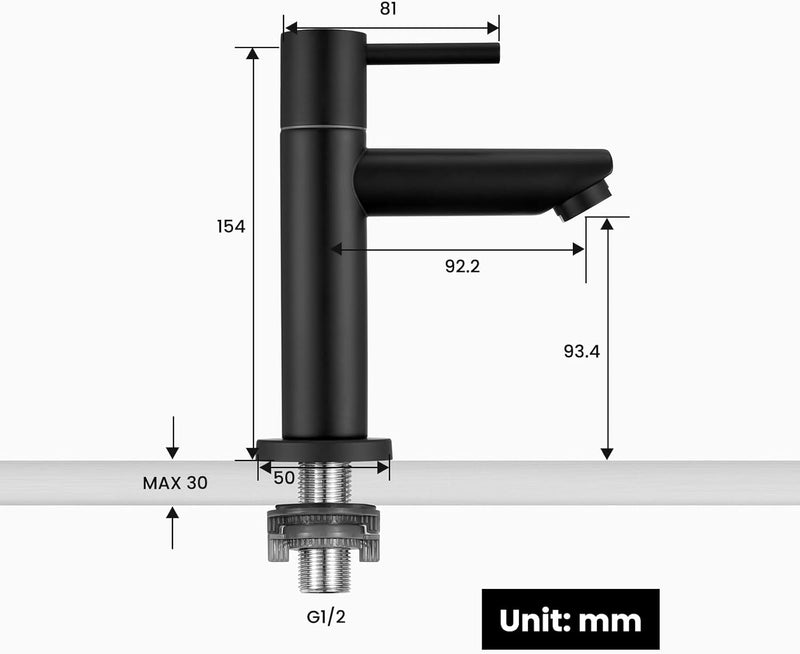 CECIPA Kaltwasserhahn Schwarz mit Ersatz-Bubbler, Waschtischarmatur mit Auslauf Höhe 93.4 mm für Gäs