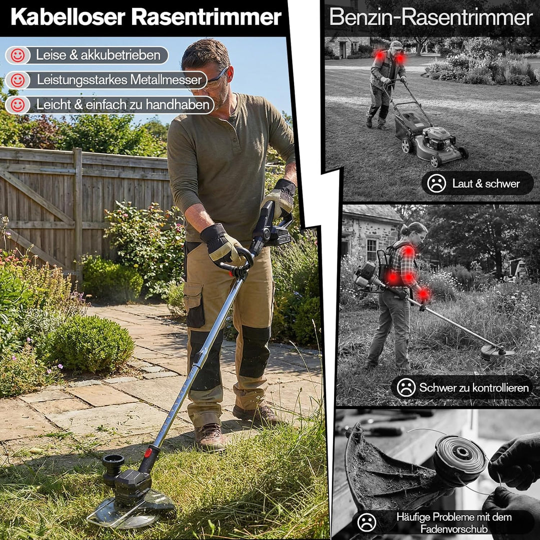 Rasentrimmer mit Akku 21V, 4-in-1 Freischneider & Motorsense 24000 RPM, Rasenkantenschneider inkl. 2