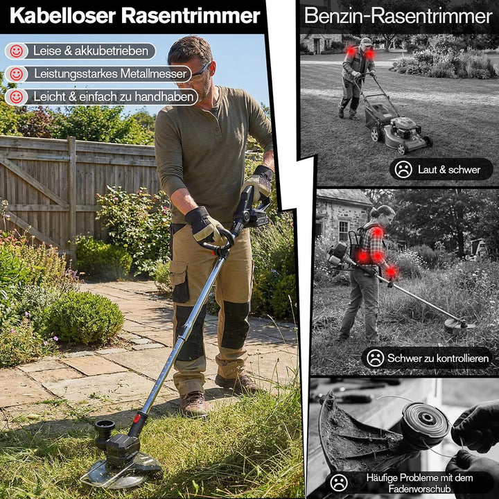 Rasentrimmer mit Akku 21V, 4-in-1 Freischneider & Motorsense 24000 RPM, Rasenkantenschneider inkl. 2