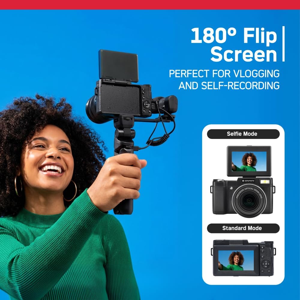 AGFA Photo Vlogging Kit VLG-4K Schwarz mit 8X optischem Zoom, Powerbank-Stativ, Fernbedienung, Mikro