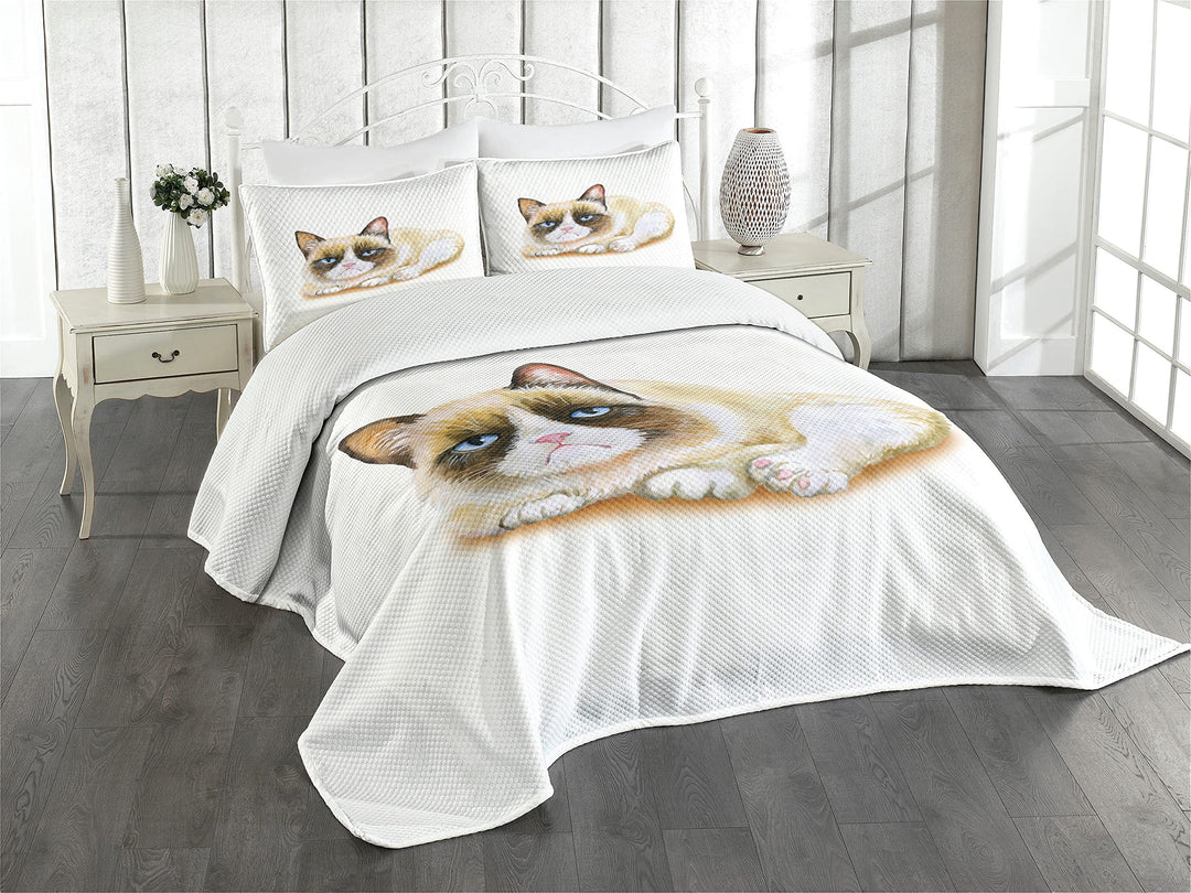 ABAKUHAUS Tier Tagesdecke Set, Grumpy Verärgerte Katzen-Liebe, Set mit Kissenbezügen Waschbar, für D