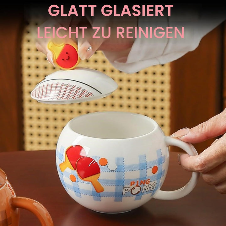 Lustige Tischtennis Kaffeetasse, Pingpong Keramik Becher, Ballform Cappuccino Tassen mit Deckel, Ges