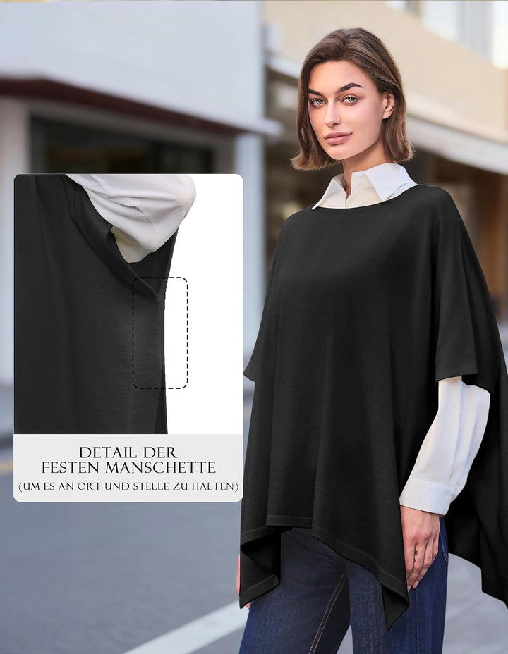PULI Damen Pullover Poncho Elegant Viskose Strick Locker sitzend Poncho Schal Einheitsgrösse Schwarz