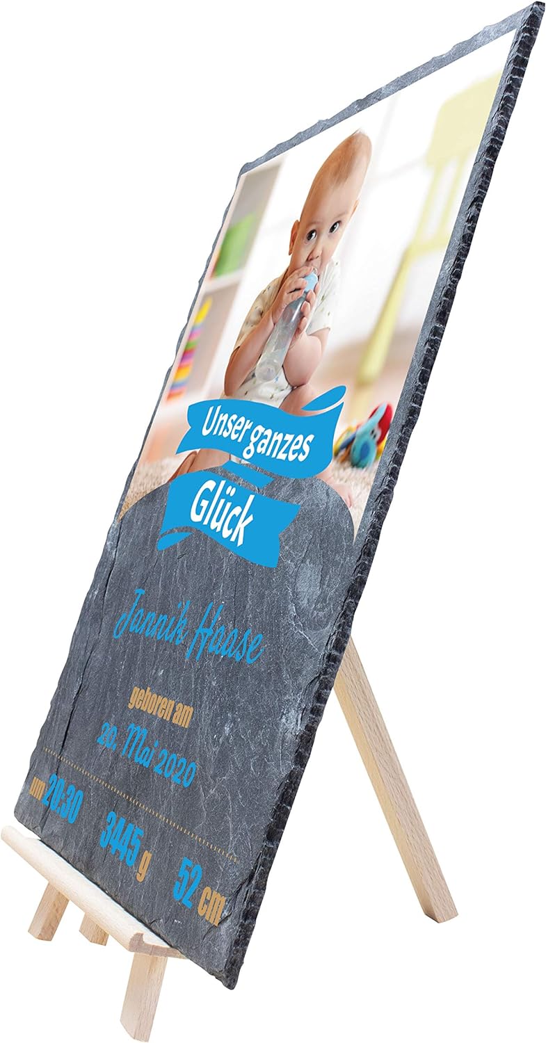 wandmotiv24 Schieferplatte mit eigenem Foto zur Geburt, 20 x 30 cm, inklusive Staffelei, Unser ganze