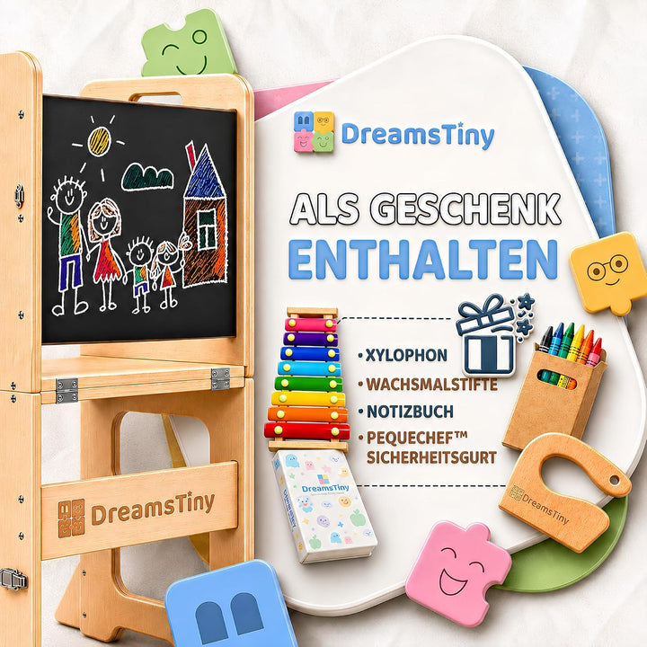 Lernturm ab 1 Jahr Klappbar 3-in-1, Lernturm mit Rausfallschutz | Inklusive Xylophon, Malbuch, Bunts