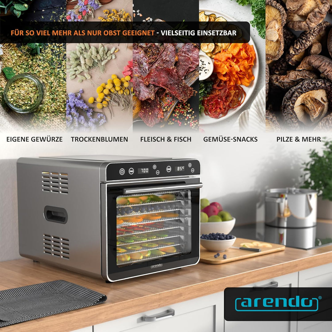 Arendo - Dörrautomat Edelstahl mit 8 Edelstahlgitter - 700 W - 35°-85°C - 8 Edelstahl Einlegetablett