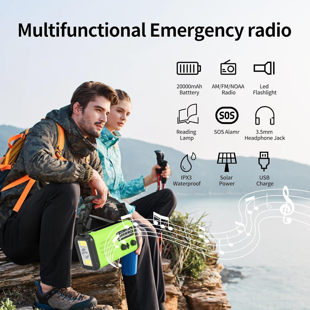 Kurbelradio, Solar Notfallradio mit 20000mAh Powerbank, AM/FM/WB Wetterradio, Taschenlampe & USB-C-L