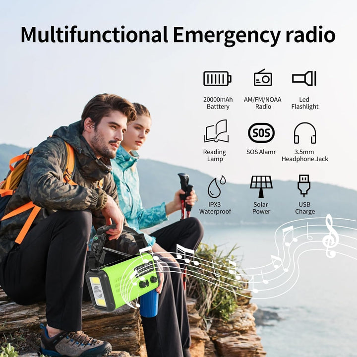 Kurbelradio, Solar Notfallradio mit 20000mAh Powerbank, AM/FM/WB Wetterradio, Taschenlampe & USB-C-L