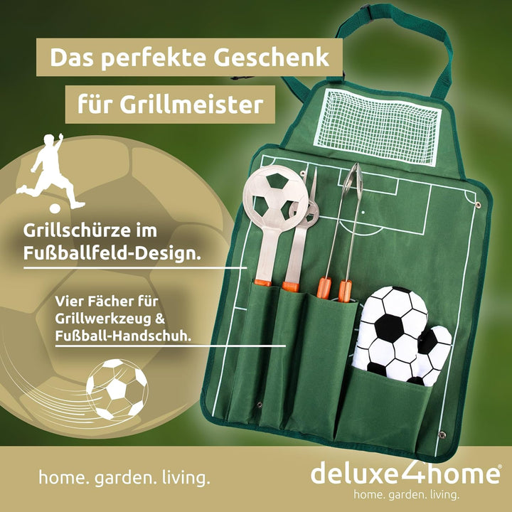 deluxe4home® Grillbesteck im Fussball-Look I Grillset inkl. Grillzange Grillwender Grillschürze Gril