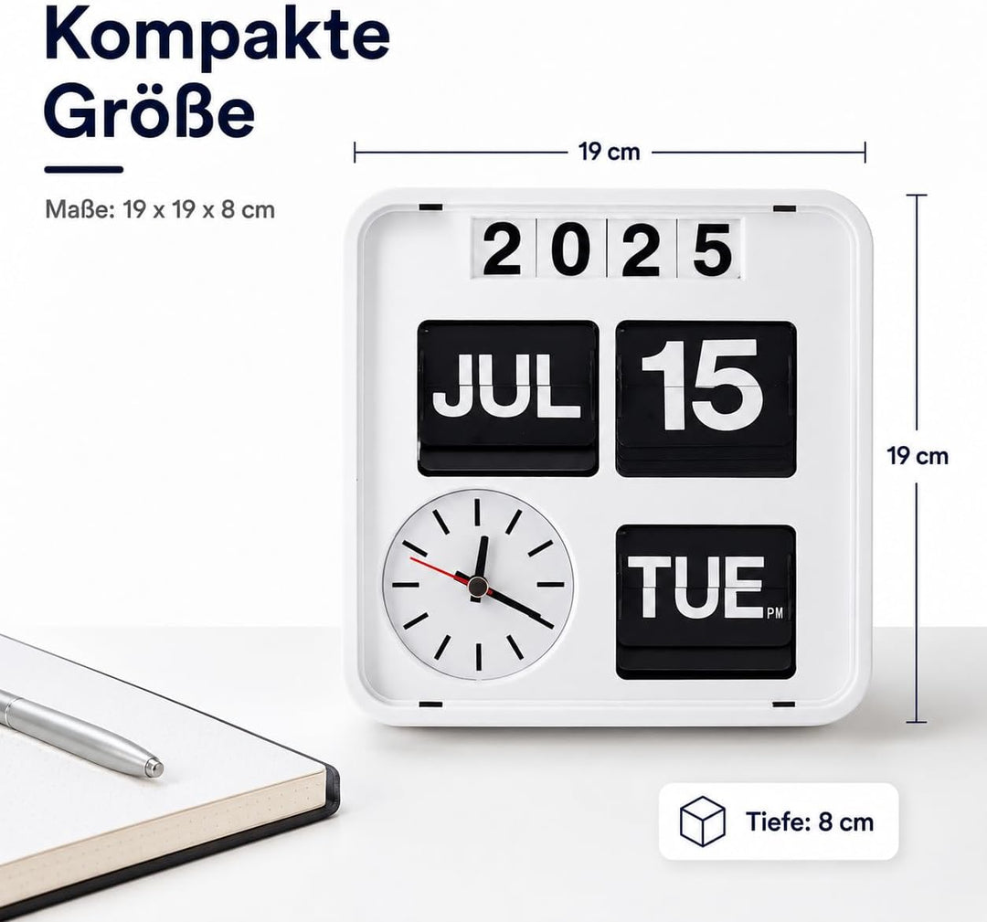Eurotime 80005-00 Retro Tisch- & Wanduhr mit Voll-Datumsanzeige inkl. Jahr, Quarzuhr im Klappkarten-