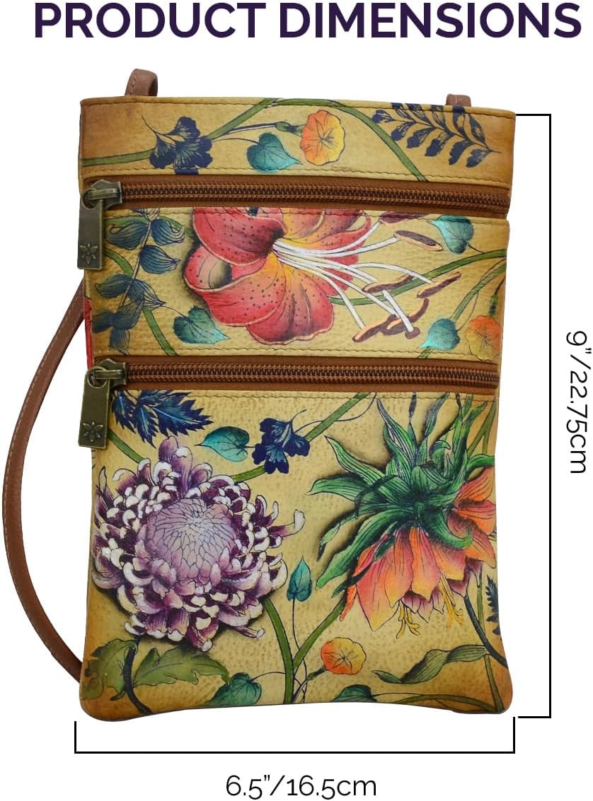 Anuschka Damen Women's Leather Hand Painted Double Zip Travel Crossbody Bag Umhängetasche, Handtasch