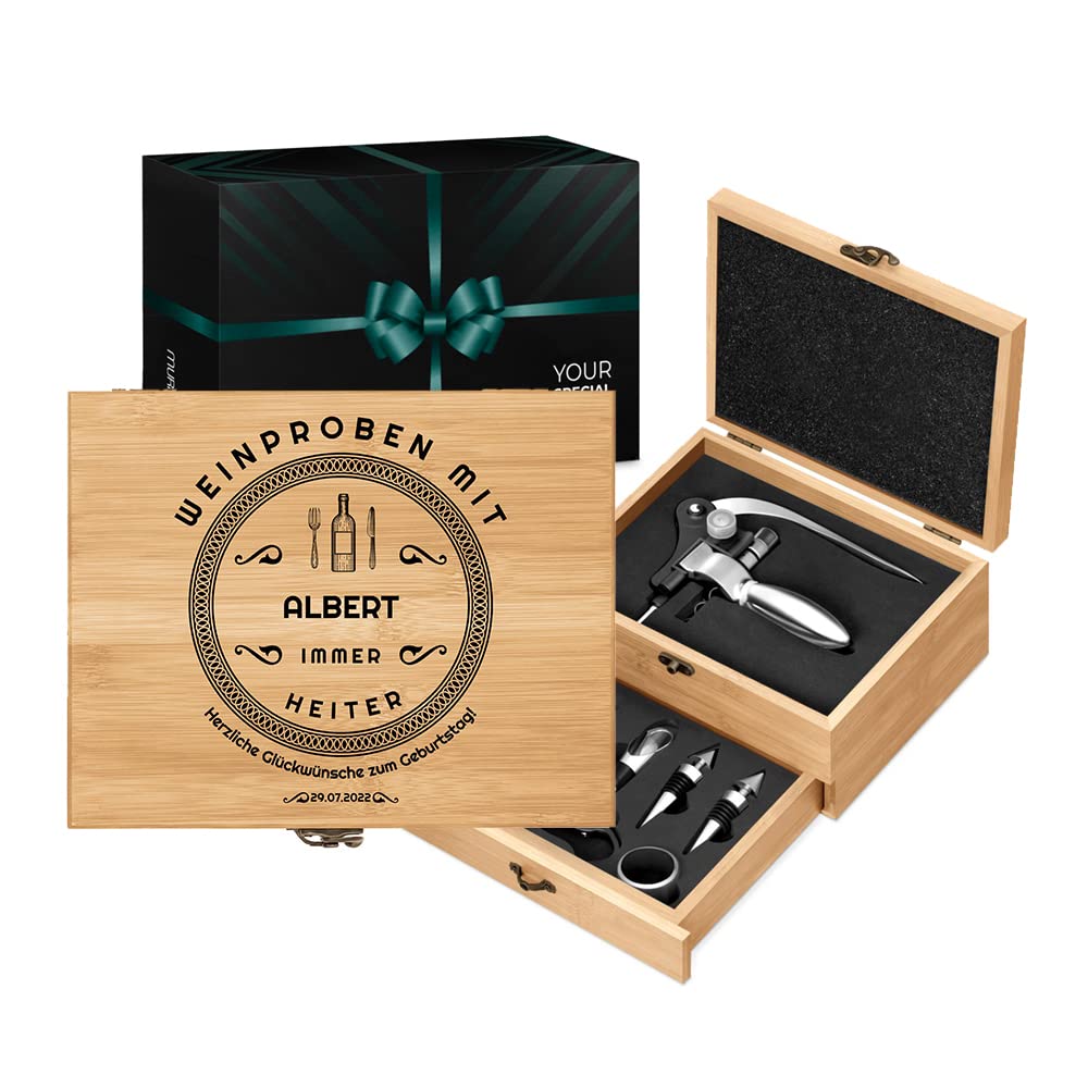 Maverton Weinöffner-Set personalisiert Weinset Sommelier Set - Geschenkbox Holzbox + 8er Weinzubehör