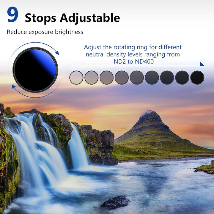 NEEWER 67mm Variabler ND Filter ND2-ND400 (1-9 Stops), Graufilter, Neutraldichtefilter, mehrere Besc