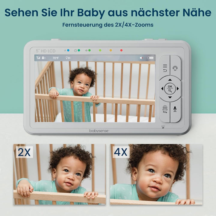 Babysense Baby Monitor mit 5" HD Split-Screen, Babyphone mit 2 HD-Kameras, Fernbedienung PTZ, Nachtl