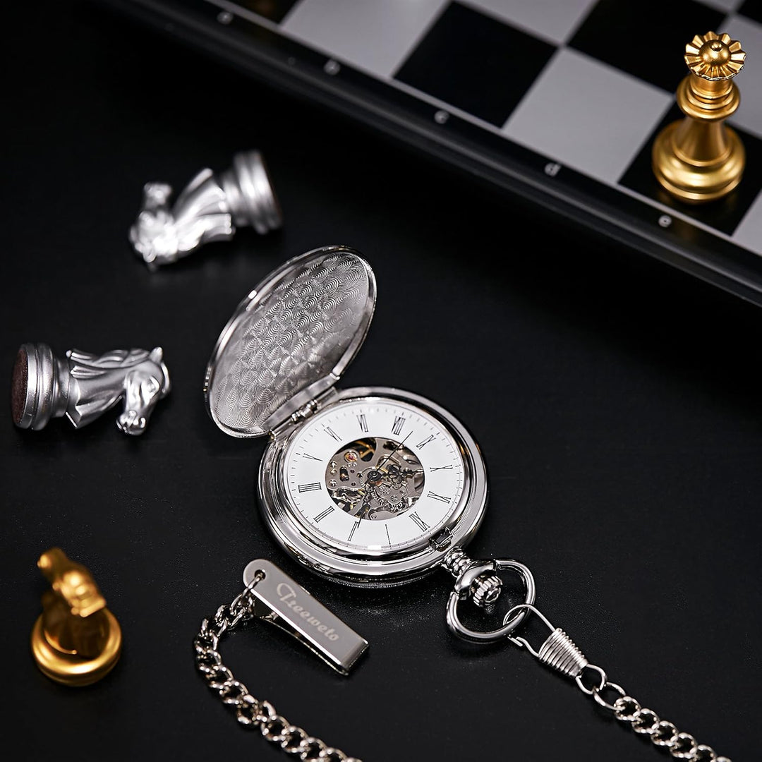 TREEWETO Unisex Taschenuhr mit Kette Analog Handaufzug Retro Skelett Hochglanz Poliert Silber