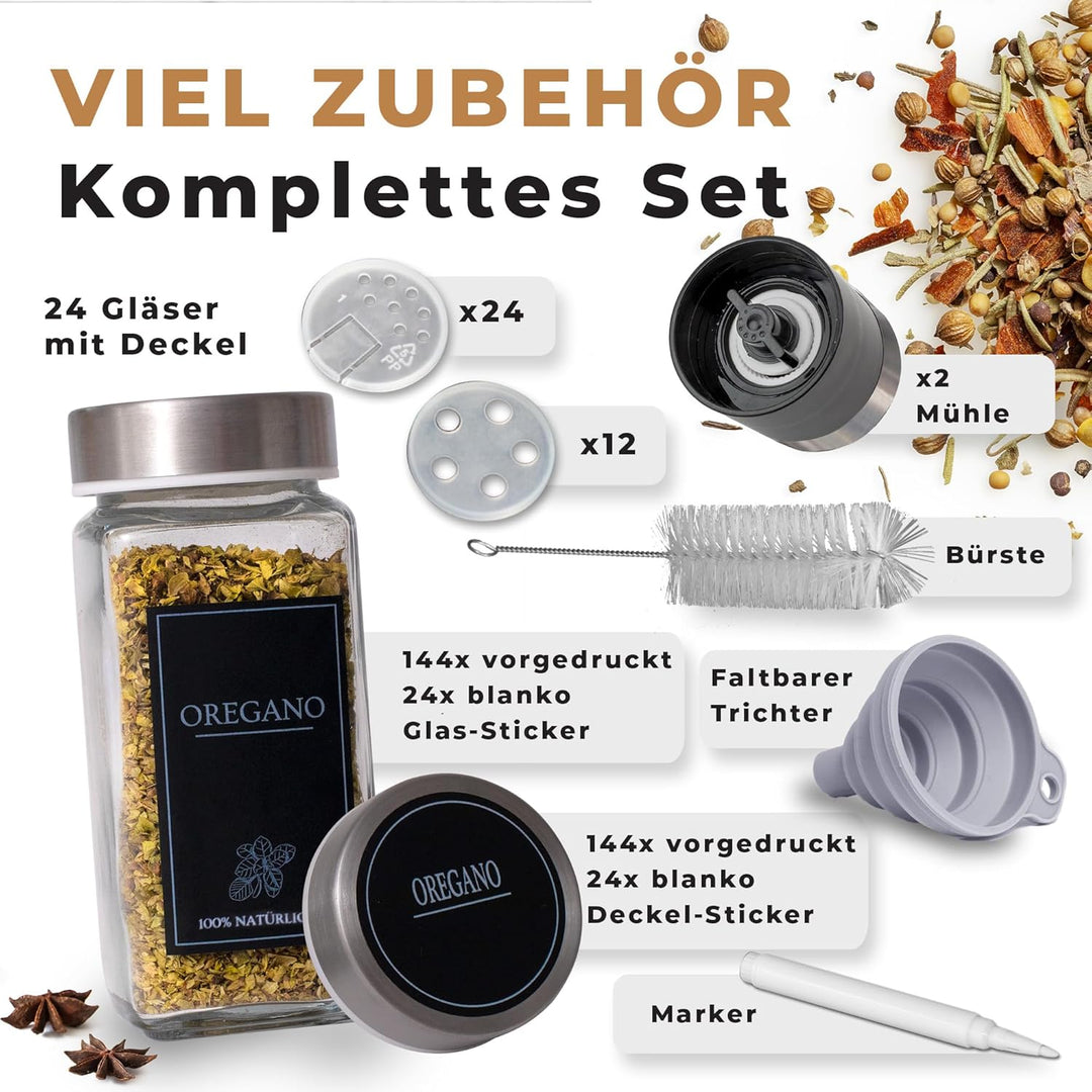 comforder Gewürzgläser Set (25 Stück), Gewürz Organizer mit Gewürzstreuer mit Etiketten + Trichter,