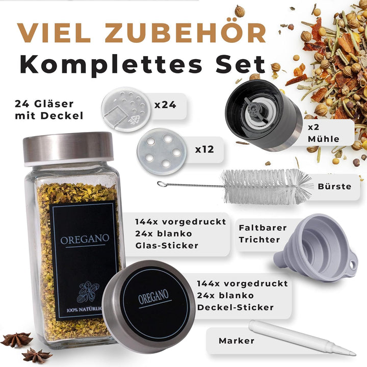 comforder Gewürzgläser Set (25 Stück), Gewürz Organizer mit Gewürzstreuer mit Etiketten + Trichter,