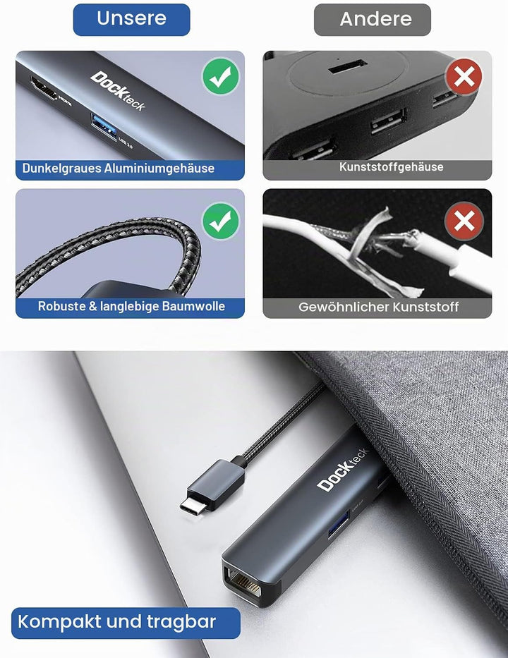 USB C Hub Dockteck 5 in 1 USB C Dock, USB-C Adapter mit Ethernet LAN RJ45, 4K HDMI, 3 USB 3.0 für Ma