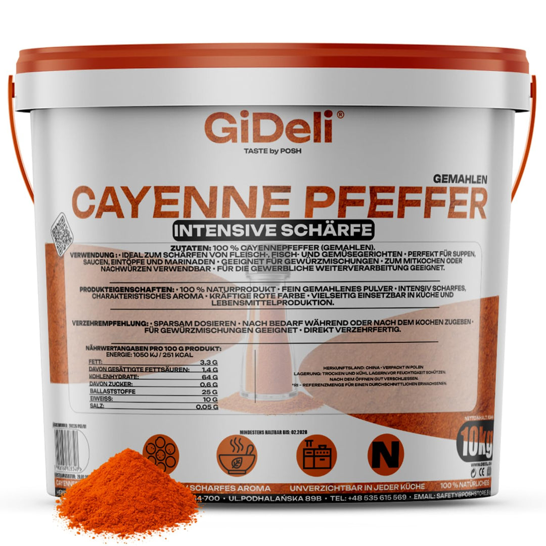 GiDeli Cayenne Pfeffer 10kg im Eimer - Fein Gemahlenes Chilipulver für Fleisch, Fisch, Suppen und So