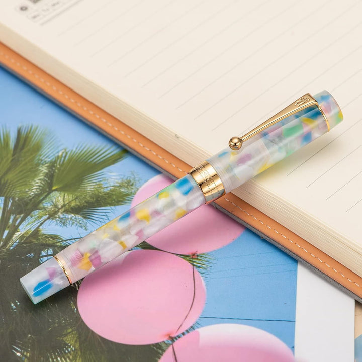 Jinhao 100 Classic Füllfederhalter Rainbow Celluloid, feine Feder mit Konverter und Stifteetui Set R