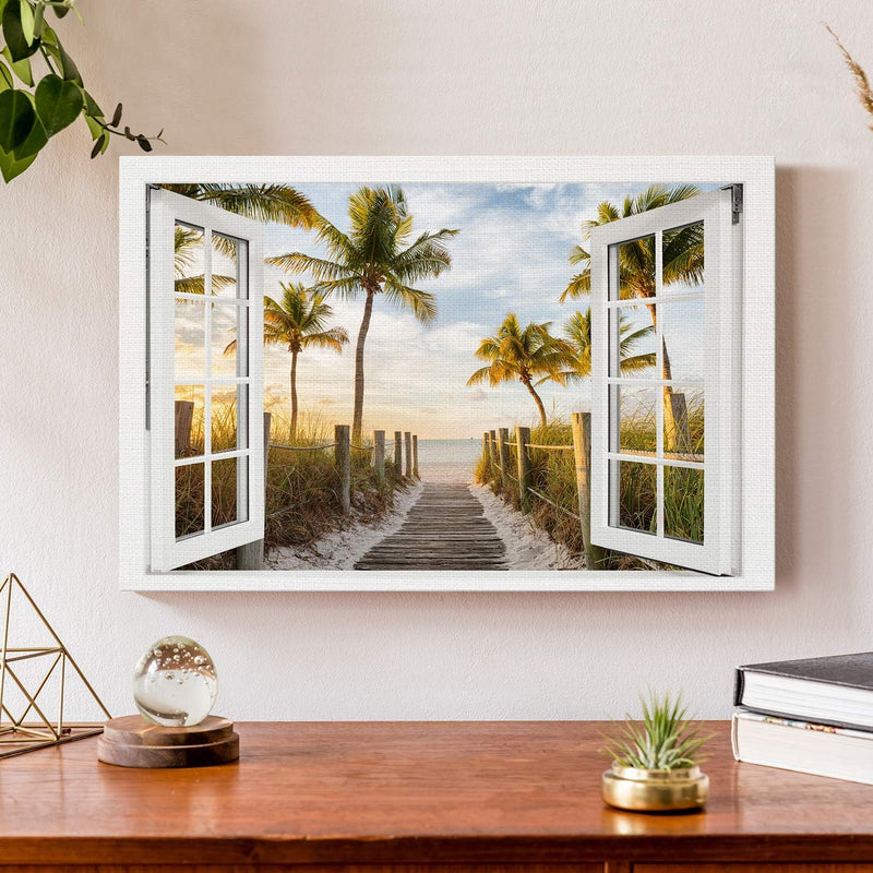 PICANOVA – Bild auf Leinwand Palmenweg zum Meer Fenster 60x40cm – Leinwandbild – Premium Leinwanddru