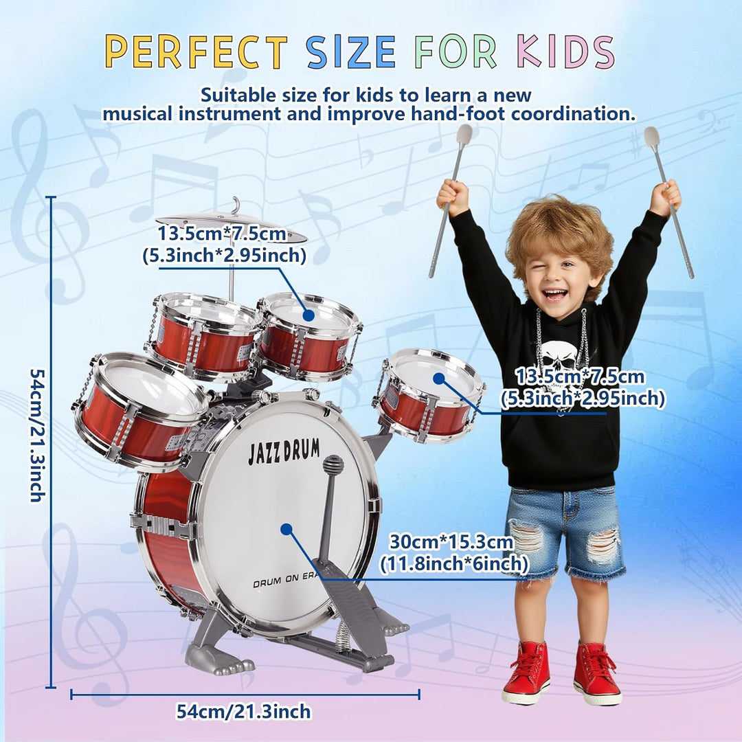 m zimoon Kinder Schlagzeug Schlagwerk Drumset, Jazztrommel Kleinkind Spielzeug 5 Trommeln mit Hocker