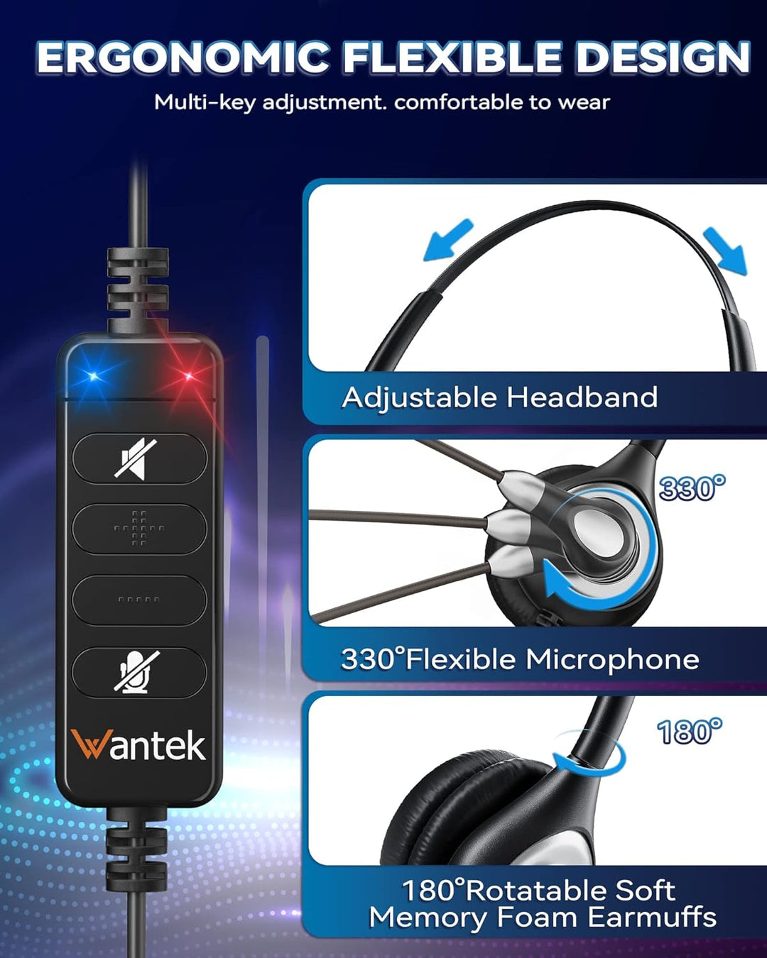 Wantek Kabelgebundene USB-Headsets Mono mit Geräuschunterdrückungs-Mikrofon und Inline-Steuerung, UC