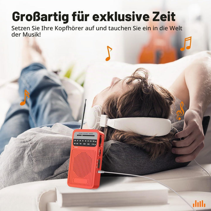 Taschenradio Batteriebetrieben FM/AM, Kleines Radio mit Eingebautem Stereolautsprecher/Kopfhöreransc