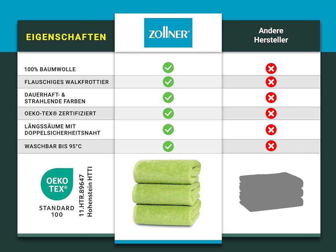 ZOLLNER 3er Set Handtücher gross, Duschtücher, 70x140 cm, Baumwolle, grün, Grün