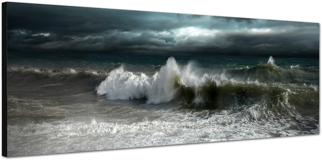 Paul Sinus Art Panoramabild auf Leinwand und Keilrahmen 150x50cm Meer Wellen Dunkelheit Sturm