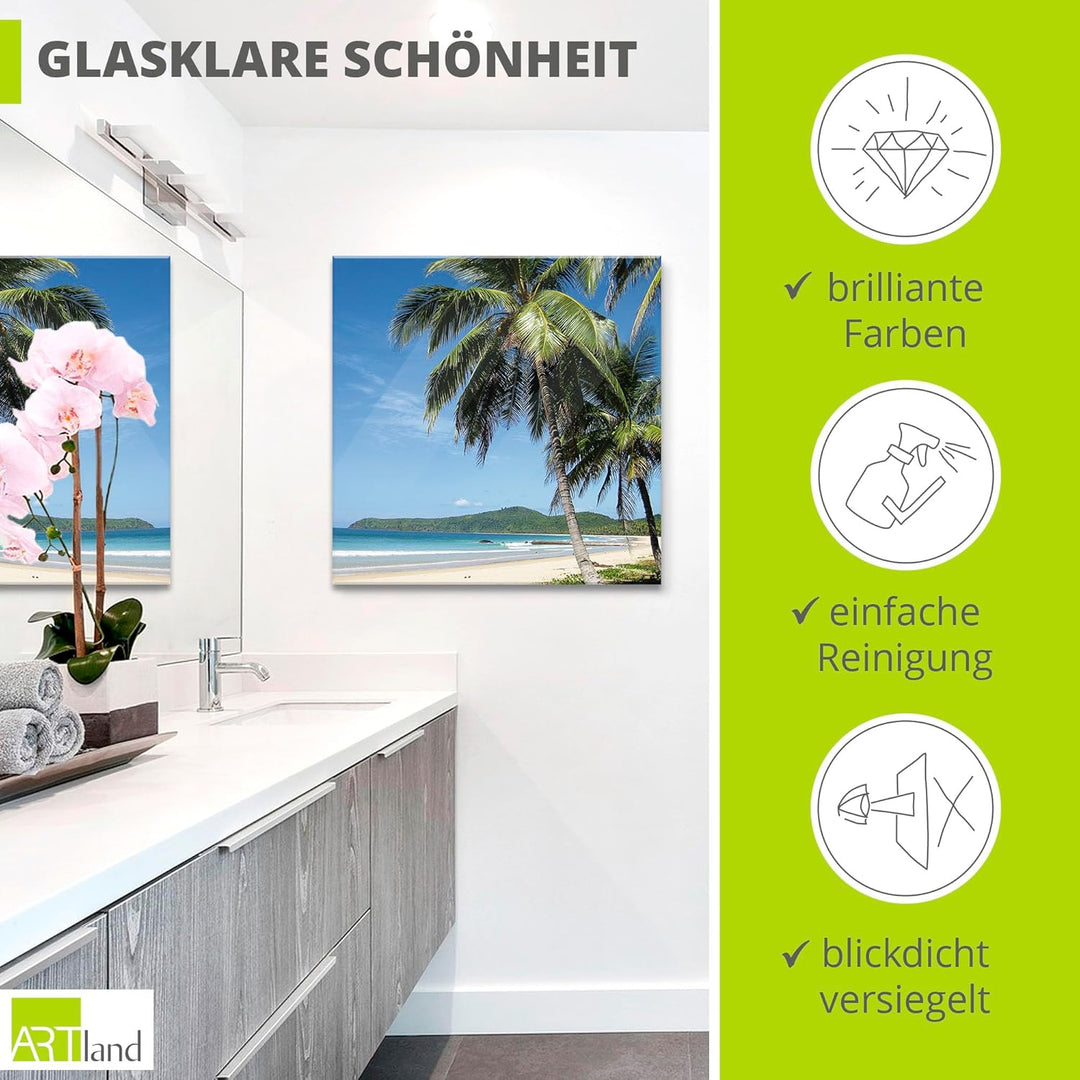 ARTland Glasbilder Wandbild Glas Bild einteilig 50x100 cm Hochformat Strand Meer Palmen Karibik Küst
