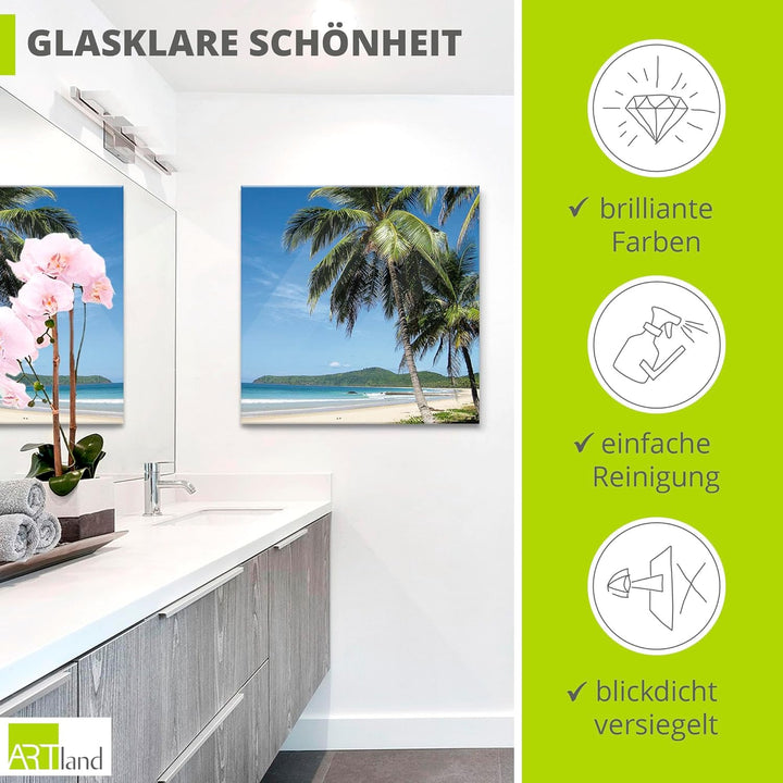 ARTland Glasbilder Wandbild Glas Bild einteilig 50x100 cm Hochformat Strand Meer Palmen Karibik Küst