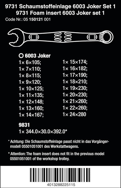 Wera 05150121001 9731 Schaumstoffeinlage, 6003 Joker Set 1, 19-teilig 9731 6003 Joker Set 1, 9731 60