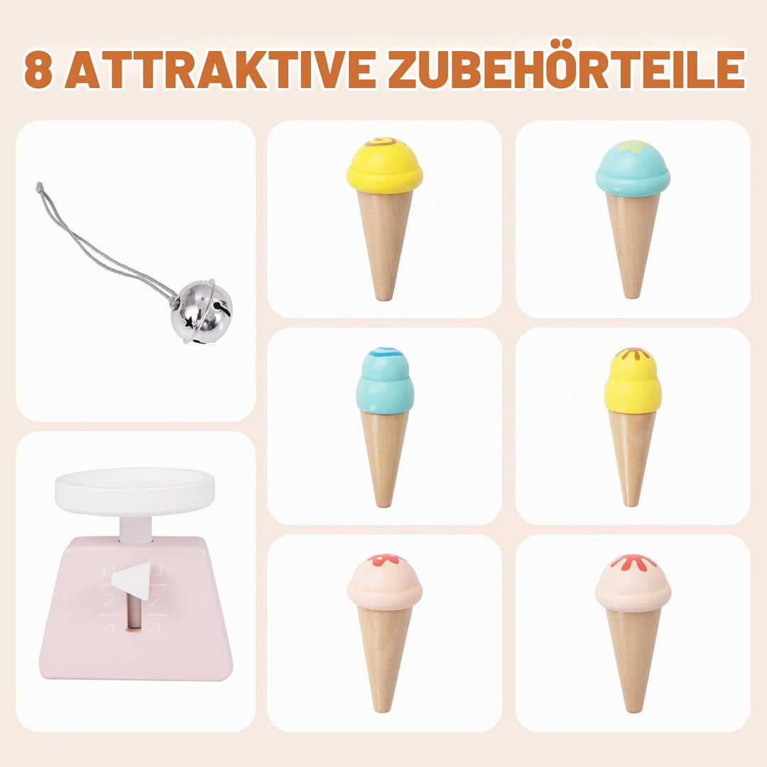 HOMASIS Kinder Eiswagen inkl. Zubehör, Kaufladen mit 6 Spielzeug-Eiscreme, Eisdiele mit beweglichen
