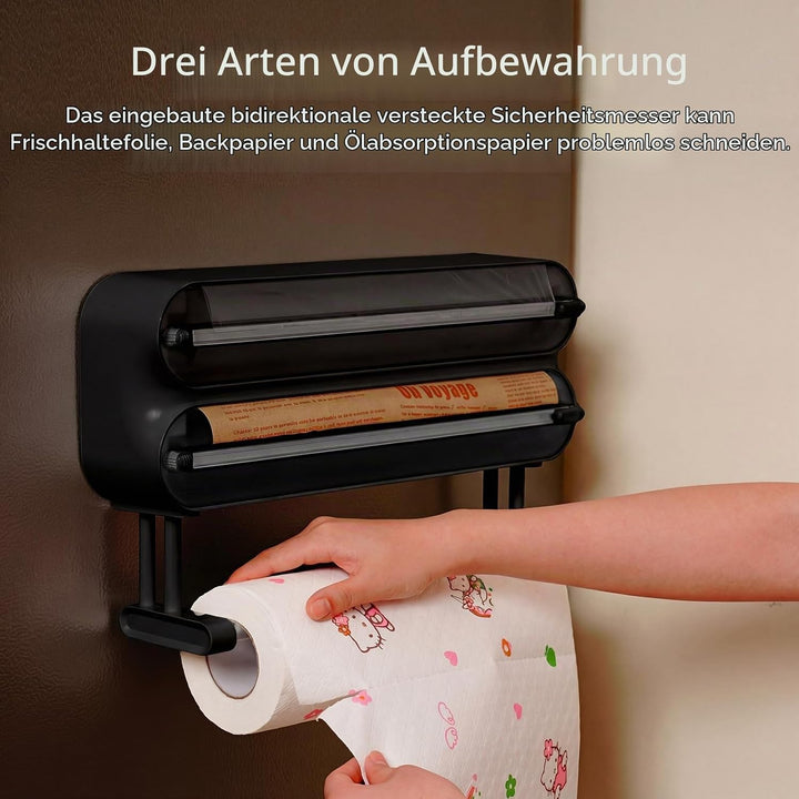 3 in 1 Frischhaltefolienspender mit Cutter, Küchenrollenhalterung mit Küchenrollenhalter, Alufoliens