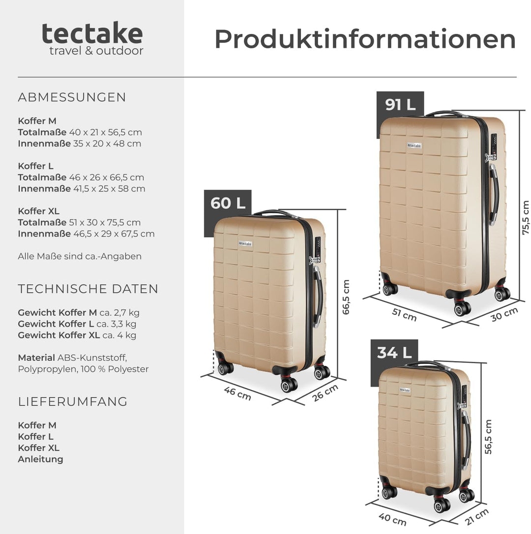 TecTake 800518 - Reisekofferset 3-teilig, aus Leichter Kunststoff-Hartschale, Leichtgängiges 360° Ro