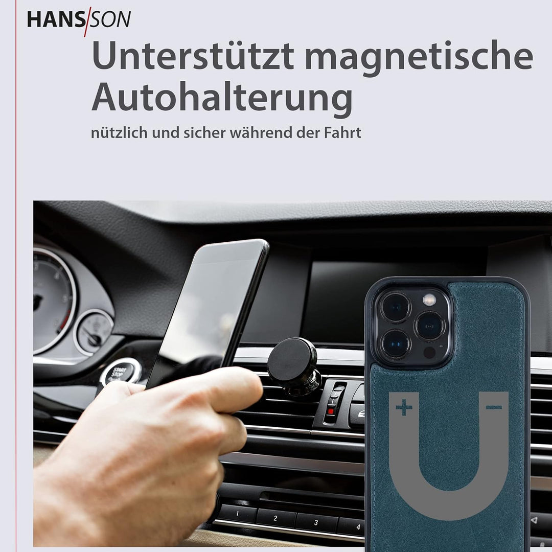 HANS/SON Hülle aus Echtleder mit Kartenfächern in Petrol | Blaue iPhone 13 Pro Max Klapphülle | Geld