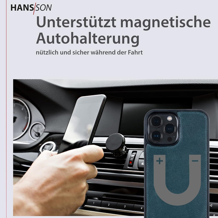 HANS/SON Hülle aus Echtleder mit Kartenfächern in Petrol | Blaue iPhone 13 Pro Max Klapphülle | Geld