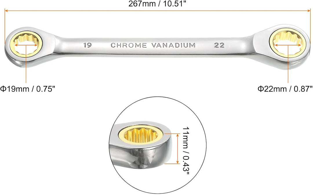 QUARKZMAN Doppelbox-Endringschlüssel 19mm x 22mm Metrisch 72-Zahn-Ratschengetriebe-Schlüsselwerkzeug